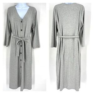 Good Luck Gem Women's Ribbed Button Front Tie Waist Maxi Dress Gray Size XL